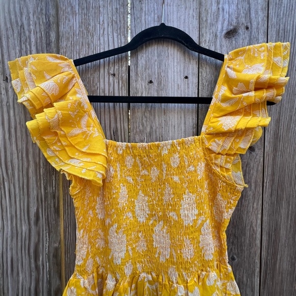 MILLE Bea Yellow and white Ruffle Sleeve Smocked Bodice Mini Dress Women’s Small - Picture 11 of 11